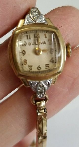 Vintage Bulova Ladies Watch 10 K Gold Filled Diamonds Running