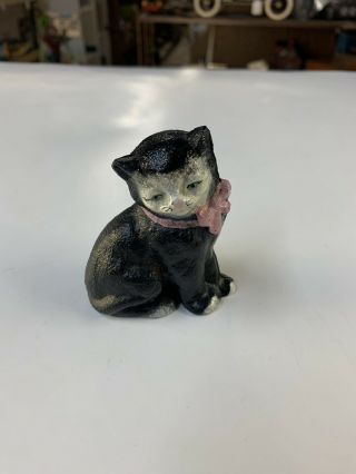 3” Antique Miniature Cast Iron Kitty Cat With Bow Statue Figurine