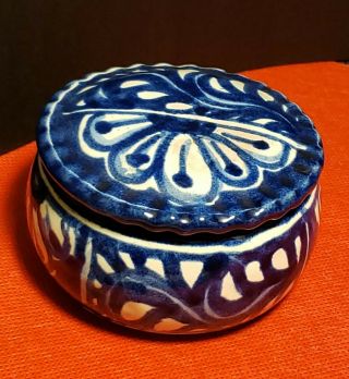 Talavera Trinket Box W/ Lid Dish Blue/white Mexico Hand Painted Pottery