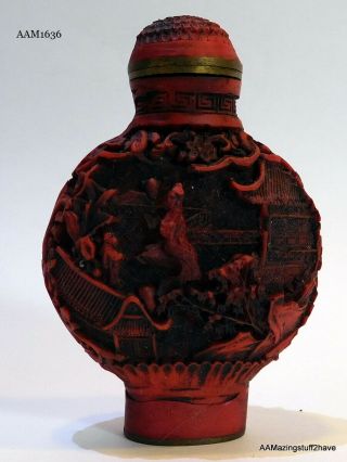 Vintage Signed Asian Chinese Brass & Carved Red Cinnabar Snuff Bottle W/ Dauber