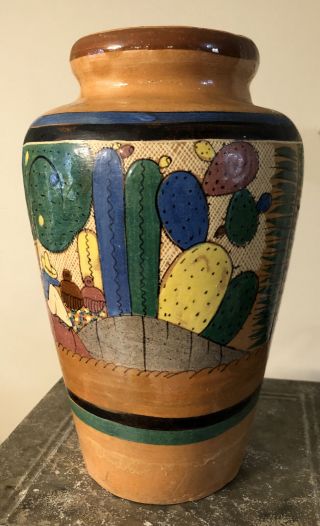 Mexico Pottery Village Siesta Terracotta Handpainted Vase Tonala?? 10.  5”