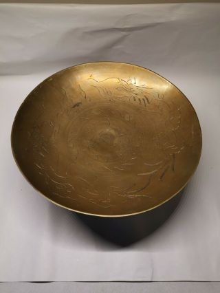 Vintage Chinese Brass Bowl With Etched Engraved Dragon Design 10 " Plate Dish