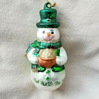 Nos Vtg Kurt Adler Glass Xmas Ornament God Bless The Irish Snowman Pot Gold