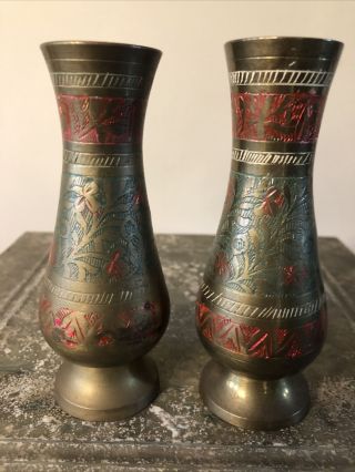 2 Vintage Solid Brass Engraved Vase Made In India Lacquered & Etched
