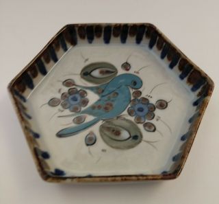 Ken Edwards Ke Mexican Pottery Hexagon Shaped Dish Bird Flower Feathers 6 1/4 "