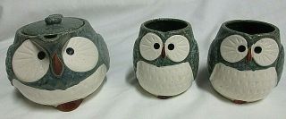 Kotobuki Pottery Gray Owl Tea Pot W/strainer & Lid And 2 Cup