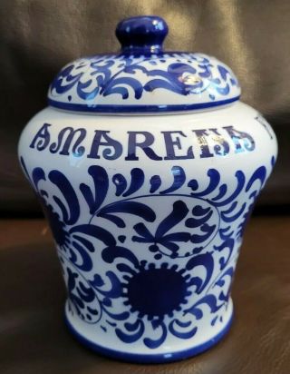 Signed Ceramica Titano San Marino Fabbri Cherry Jar Cobalt Blue With White