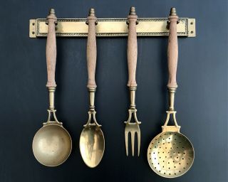 Vintage French Brass Kitchen Utensils With Hanging Brass Rail Wooden Handles