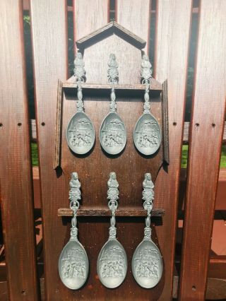 Vintage German Pewter Embossed Spoons With Wedding Scene And Wooden Display Case