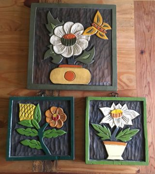 Set Of 3 Vintage Hard Carved Wood Flower Pictures,  Mexico Hand Painted,  Unsigned