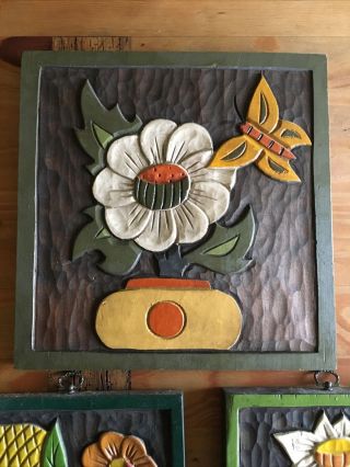 Set of 3 Vintage Hard Carved Wood Flower Pictures,  Mexico Hand Painted,  Unsigned 2
