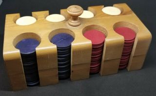 Vintage Mid - Century Wooden Poker Chips With Wood Carry Case