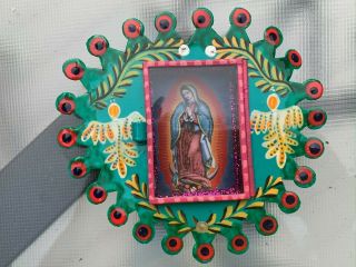 Virgen De Guadalupe Virgin Mary Mexican Metal Nicho Hand Painted 5x4.  5x0.  5 N38