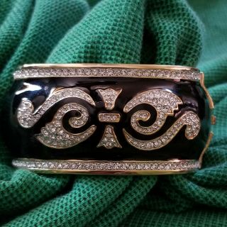 Huge Vintage Swarovski Swan Logo Black Enamel Crystal Rhinestone Hinged Bracelet