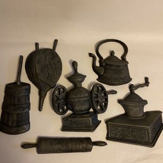 Set Of 6 Vintage Cast Iron Wall Decor Tea Pot Rolling Pin Bellows Butter Churn