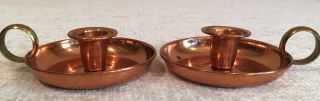 Vintage Set Of 2 Copper Candle Holders - Chambers With Brass Ring Handles