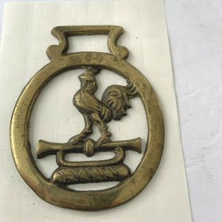 Antique English Horse Brass Medallion With Rooster On A Trumpet