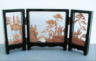 Asian Carved Cork Mini 3 - Screen Diarama Pagodas Cranes Swans Trees