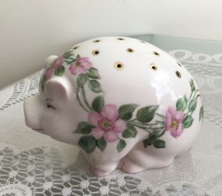 Vintage Porcelain Pig Hat Pin Holder Hand Painted Pink Floral Gold