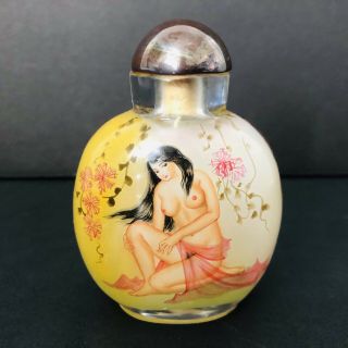 Vintage Antique Chinese Snuff Bottle Reverse Inside Painted Glass Nude Lady Art