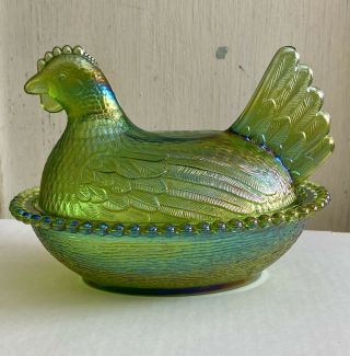 Vintage Indiana Iridescent Lime Green Carnival Glass Hen Chicken On Nest Unique 3