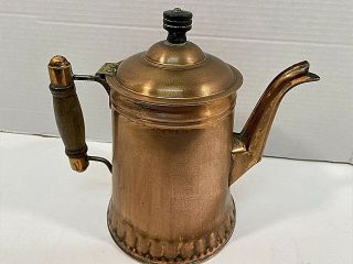 Copper Tea Pot With Wood Handle W/ Hinge Lid 9 X 9 " Vintage