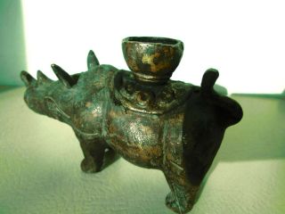 Vintage Cast Iron Bronze Rhino With Candle Holder On Back Of Rhino " Heavy Item "
