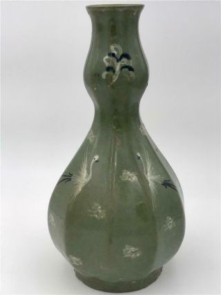 20th C Asian Porcelain Green Double Gourd Vase W Flying Birds Clouds