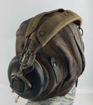 Usaaf Ww2 Air Force Aviator Pilot Leather Flying Helmet W/ Headphone Headset