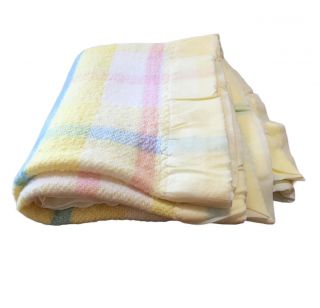 Beacon Acrylic Baby Blanket Open Weave Satin Trim Pastel Stripe Plaid Vintage