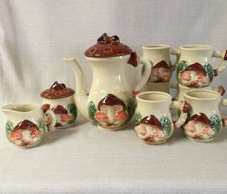 Vintage Tea Set Mushroom Pattern,  Teapot,  Sugar,  Creamer,  8 Cups,