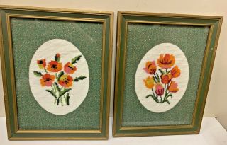 Cool Retro Vintage Mid Century Modern Framed Needlepoint Bright Flowers Poppies
