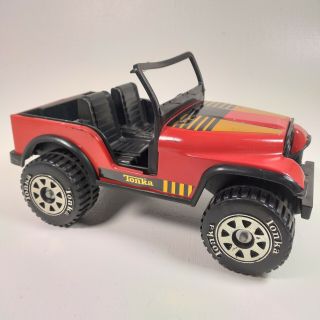Vintage Tonka Jeep Red Metal Body,  Gold Stickers,  Rare,  Made In Usa,  10”,  1980s