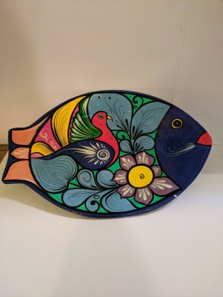 Mexican Folk Art Fish Shape Decorative Platter Hand Painted Bird And Floral