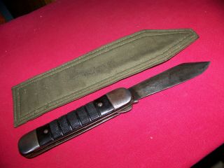 Wwii 1945 Navy Pilots Folding Style Colonial Knife W/ Saw Blade & Sheath