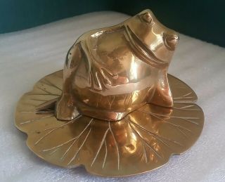 Vintage Solid Brass Frog On Lily Pad Whimsical Figurine,  Heavy,  6 3/8 " Diameter