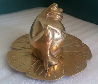 Vintage Solid Brass Frog On Lily Pad Whimsical Figurine,  Heavy,  6 3/8 