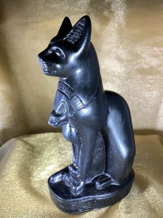 Egyptian Cat Goddess Bastet With Kitten Statue - Made In Egypt