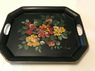 Vintage Nashco Toleware Metal Hand Painted Floral Signed Serving Tray