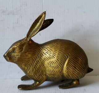 Vintage Solid Brass Bunny Rabbit Paperweight Figurine 5.  5 " Long