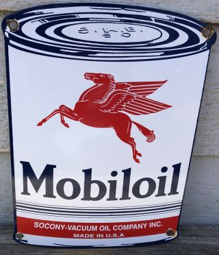Vintage Old Mobiloil Motor Oil Can Porcelain Gas Station Service Sign