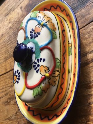 Hand Painted Mexican Pottery Butter Dish Yellow Flowers