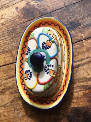 Hand Painted Mexican Pottery Butter Dish Yellow Flowers 2