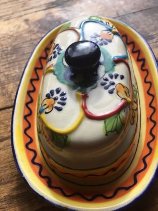 Hand Painted Mexican Pottery Butter Dish Yellow Flowers 3