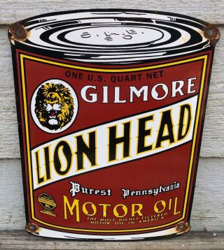 Vintage Gilmore Lion Head Motor Oil Porcelain Sign Gasoline Station Pump Plate