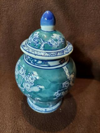 Vintage Asian Blue,  Green & White 8” Porcelain Ginger Jar W Lid Cherry Blossom