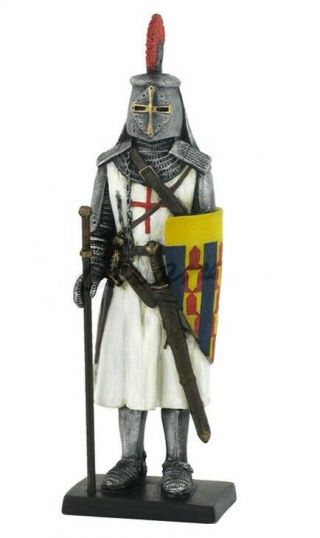 5 " Armored Crusader Statue Medieval Times Knight Statue Staff & Striped Shield