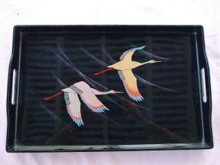 Toyo Oriental Lacquer Black Tray With Birds In Flight 19 " X 12 "
