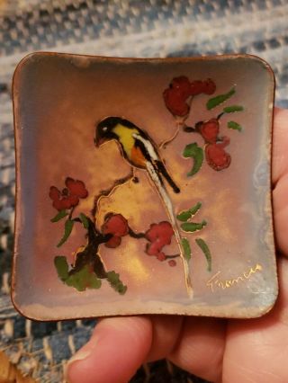 Vintage Hand Painted Enamel On Copper Dish Holland Bird Signed Francis