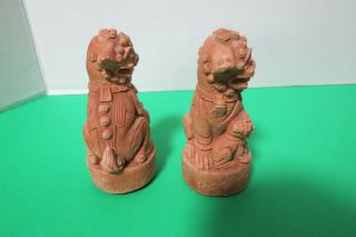 Set Of 2 Wooden Hand Carved Chinese Foo Dogs 4.  5 " Tall